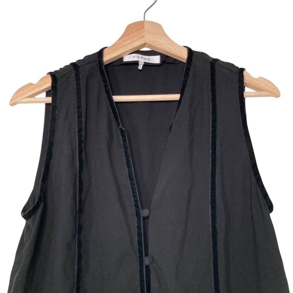 Frame Women's Black Sleeveless V-Neck Peplum Blouse Top Size Medium Velvet Trim - Picture 5 of 15